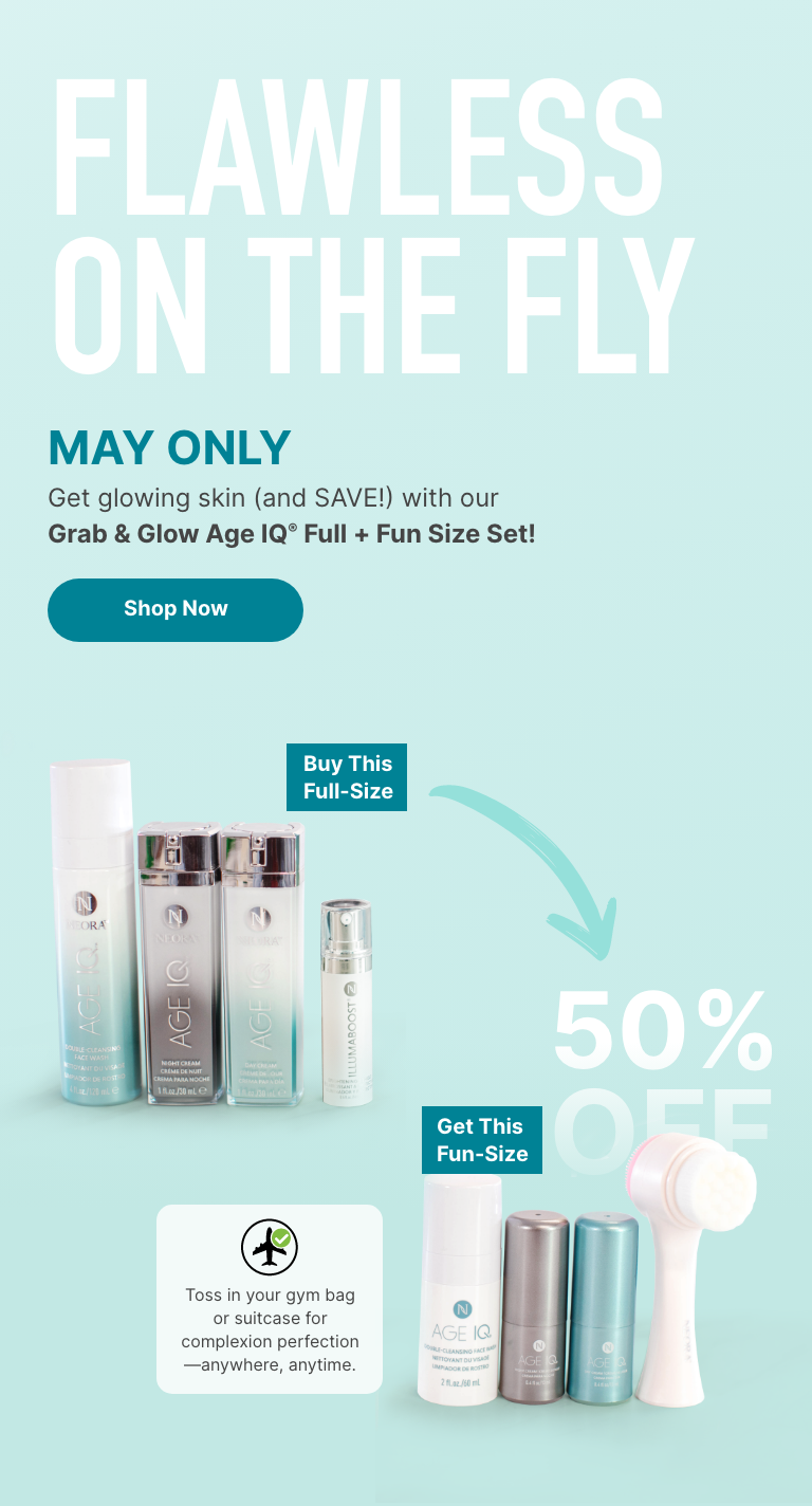 Image supports the May promotion showing the Cleanse, Correct, Protect Set, which includes Age IQ Cleanser, Age IQ Night Cream, Age IQ Night Cream and Illumaboost with the travel version of the same set shown next to it. Travel set also includes a facial cleansing brush. The image is supported with May’s promotional message: Purchase the Cleanse, Correct, Protect Set and get 34% off Travel Minis Set.